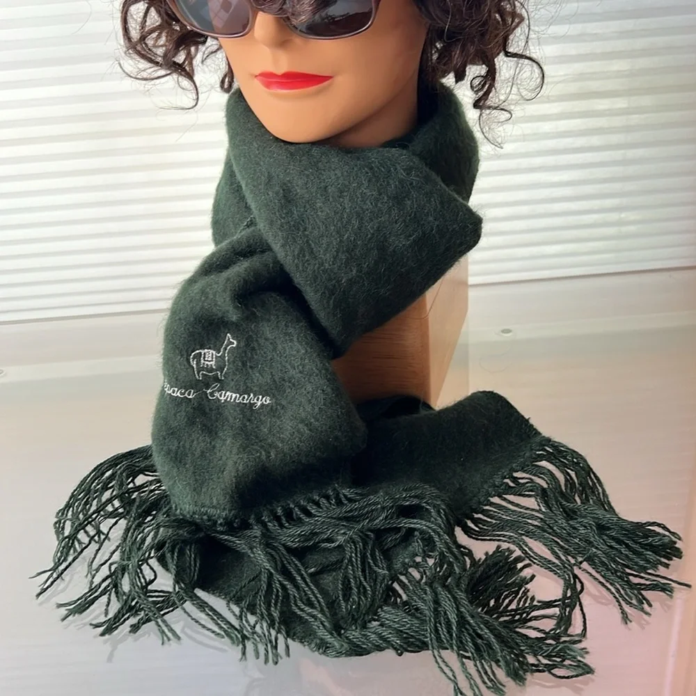 🦙🌲Dark Green Fringed Long Scarf by Alpaca Camargo | Oblong 9”W x 68”L + Fringe